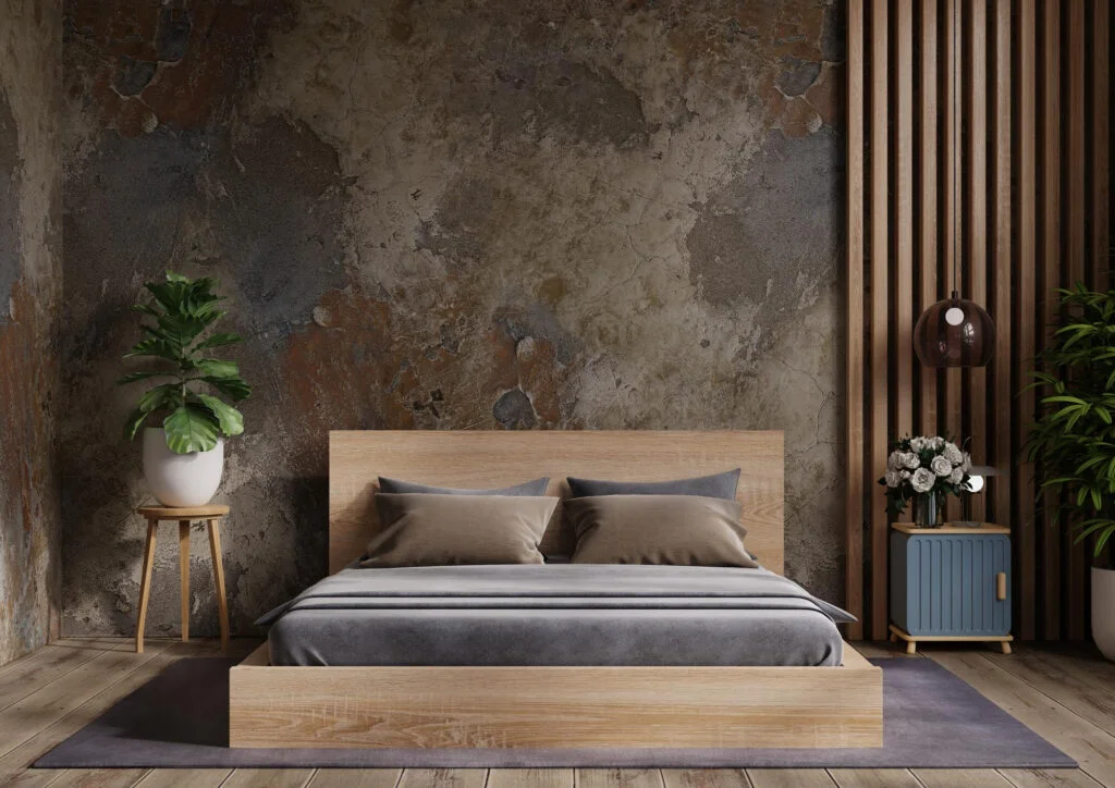 bedroom interior design concept idea concrete wall texture background 3d rendering